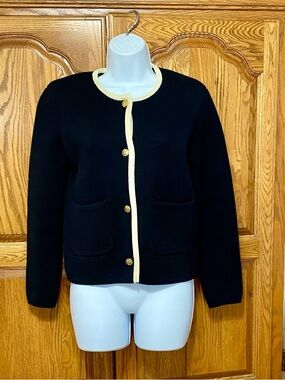 Alex Mill Paris Sweater Jacket Black Ivory Cotton Cashmere Crest Buttons Size XS